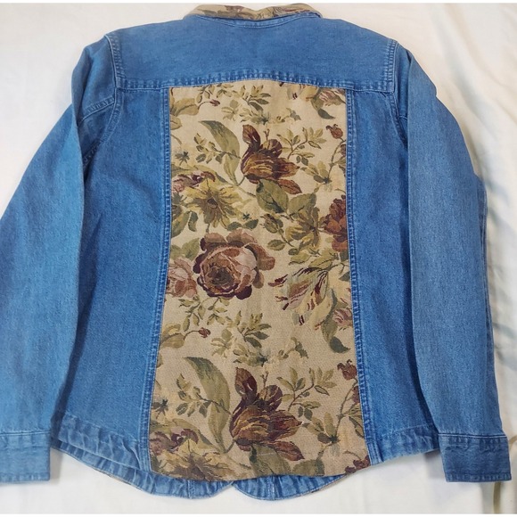 Lemon Grass Womens Denim Floral Tapestry Jacket Blue Medium Wash Button Up M - Picture 3 of 7